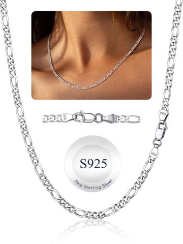 Suplight Solid 925 Sterling Silver 3mm/5mm Figaro Chain Necklace, Jewelry Gift for Men Women