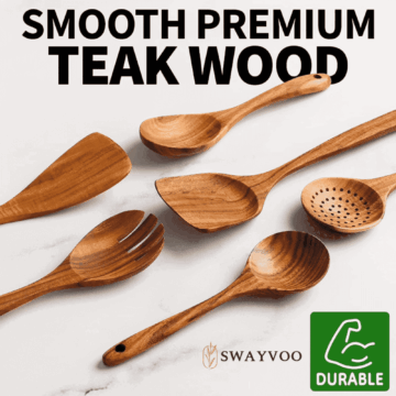 Swayvoo Wooden Spoons for Cooking, 6-Piece 100% Natural Teak Wooden Utensils for Cooking — Heat Resistant, Non-Stick Safe, Wood Kitchen Utensil Set with No Holder