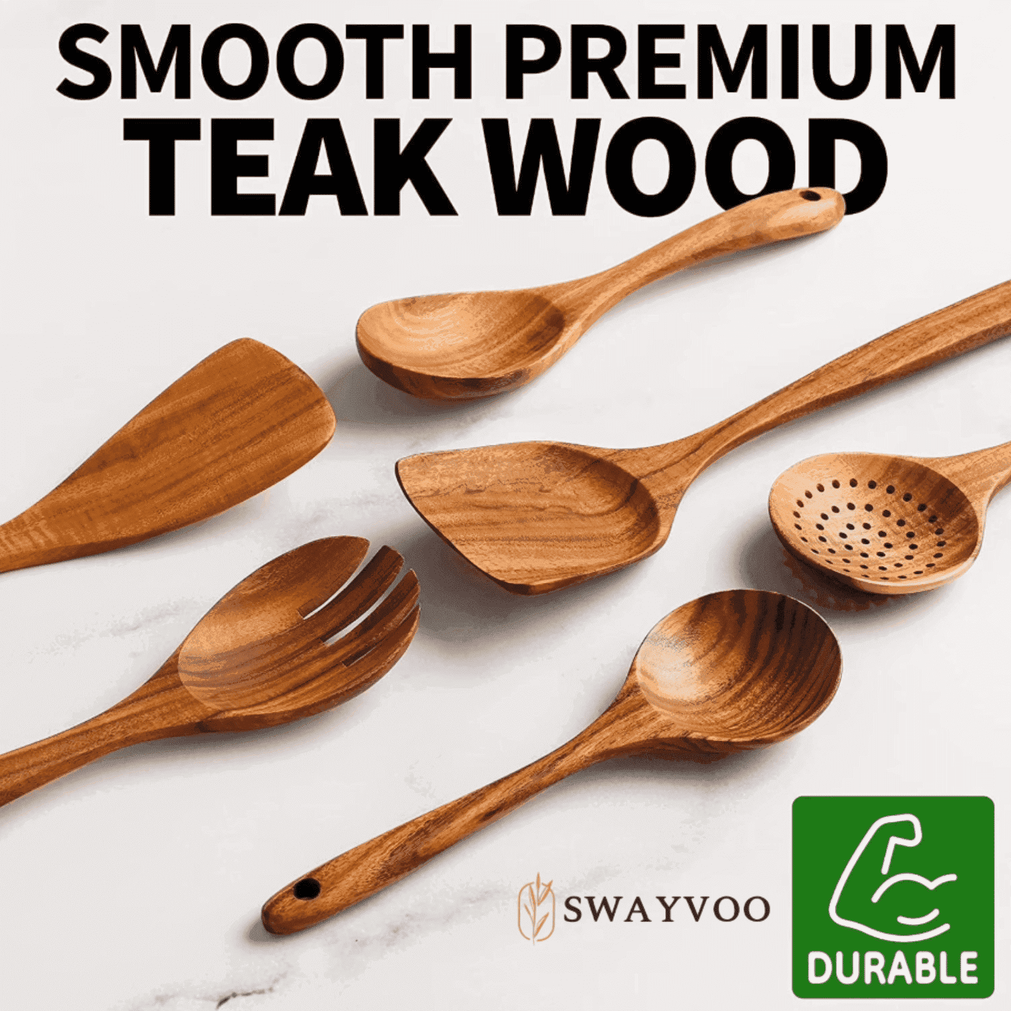 Swayvoo Wooden Spoons for Cooking, 6-Piece 100% Natural Teak Wooden Utensils for Cooking — Heat Resistant, Non-Stick Safe, Wood Kitchen Utensil Set with No Holder