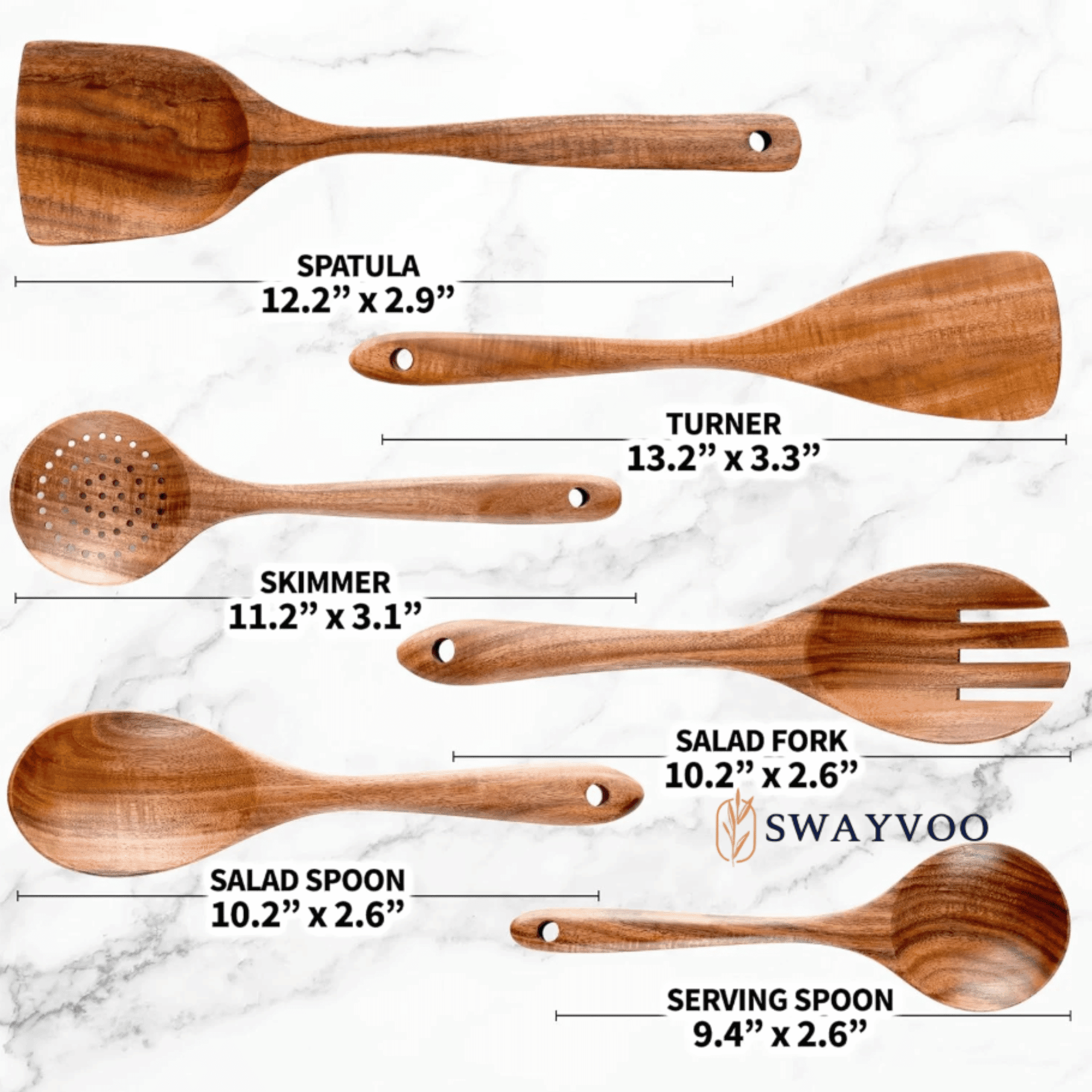 Swayvoo Wooden Spoons for Cooking, 6-Piece 100% Natural Teak Wooden Utensils for Cooking — Heat Resistant, Non-Stick Safe, Wood Kitchen Utensil Set with No Holder - Image 3