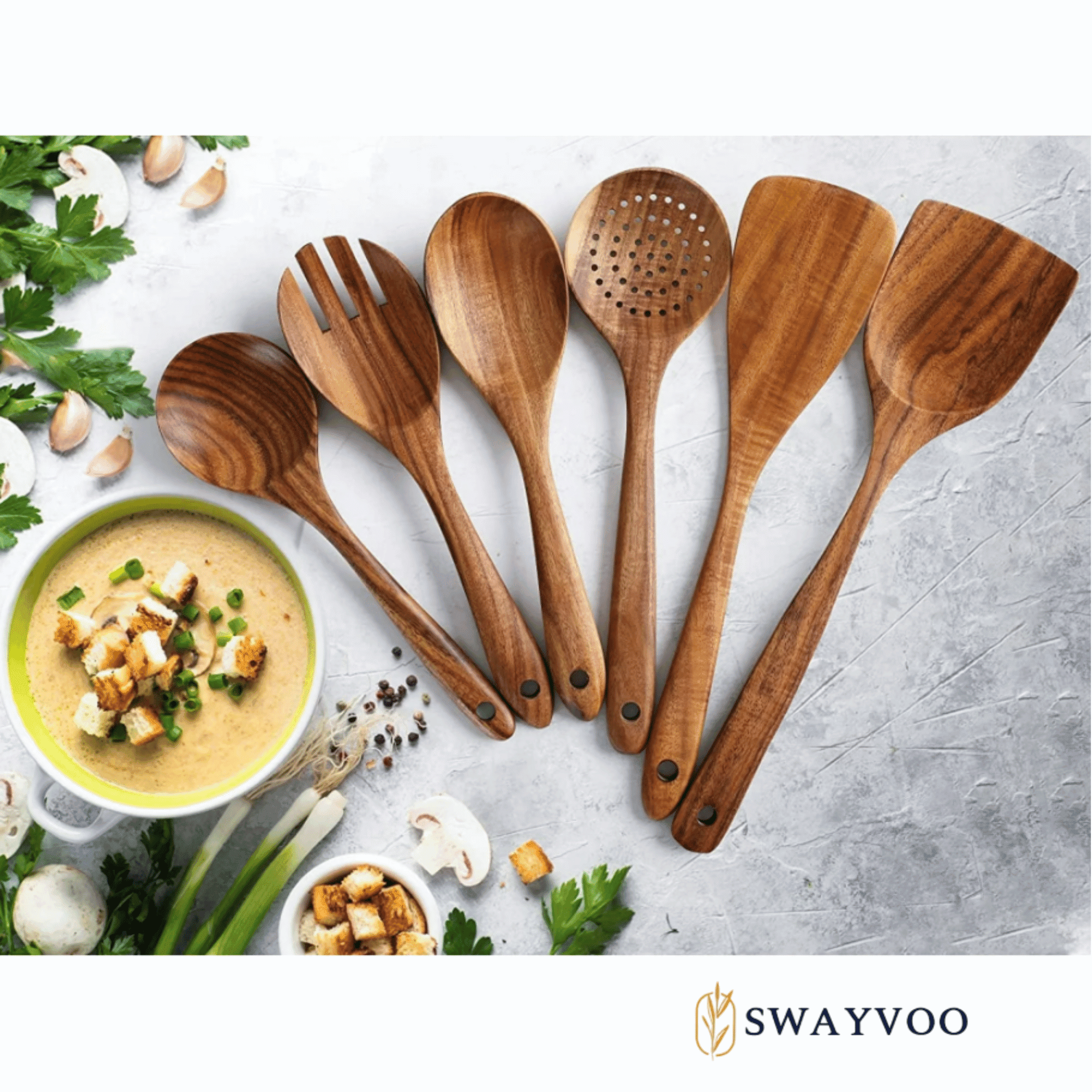 Swayvoo Wooden Spoons for Cooking, 6-Piece 100% Natural Teak Wooden Utensils for Cooking — Heat Resistant, Non-Stick Safe, Wood Kitchen Utensil Set with No Holder - Image 5