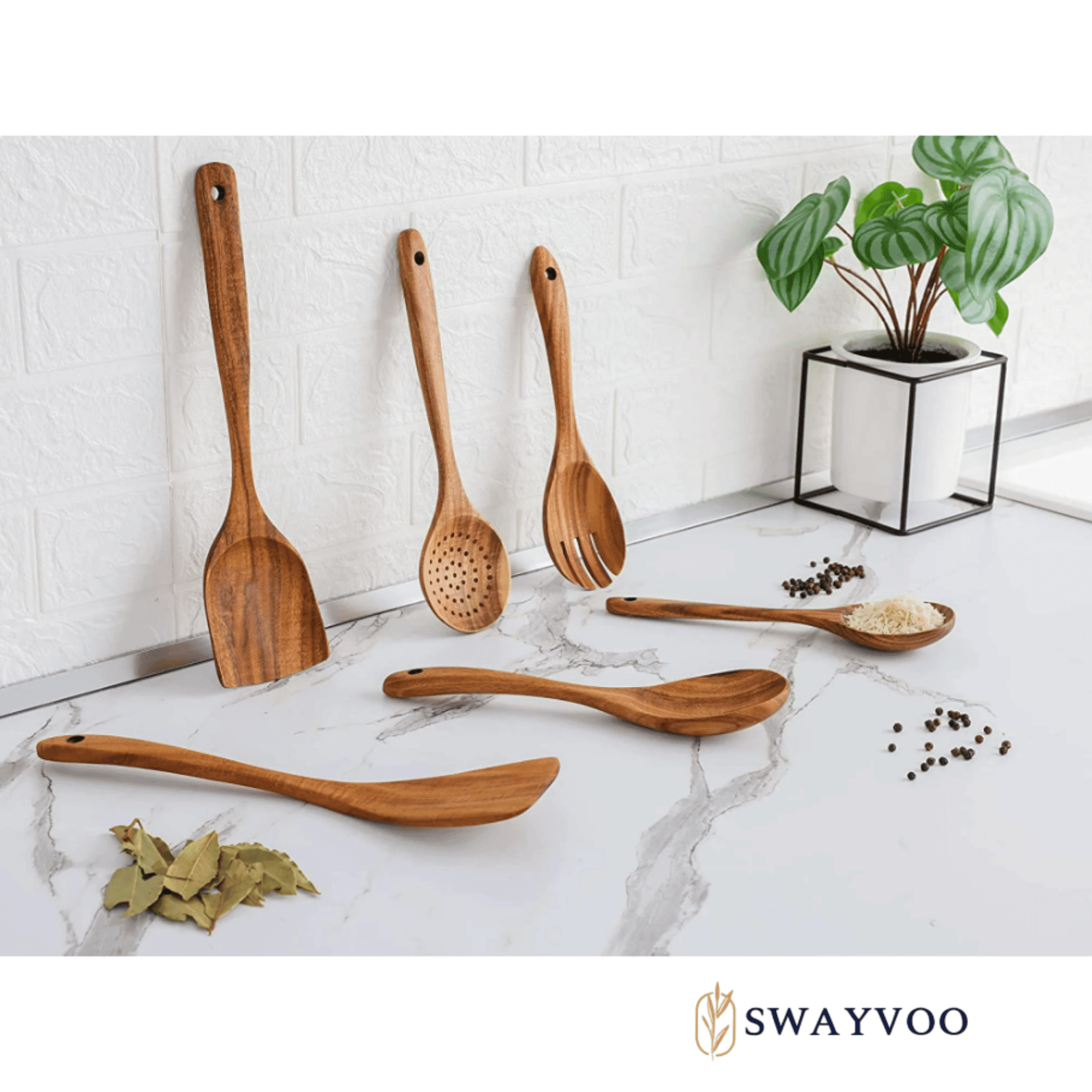 Swayvoo Wooden Spoons for Cooking, 6-Piece 100% Natural Teak Wooden Utensils for Cooking — Heat Resistant, Non-Stick Safe, Wood Kitchen Utensil Set with No Holder - Image 4