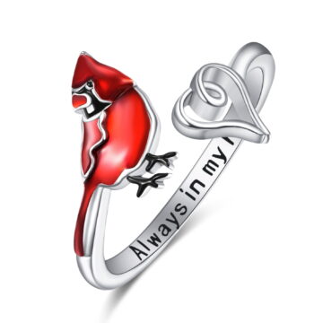 TANGPOET Cardinal Rings Sterling Silver Heart Rings for Women Adjustable Rings Cardinal Bird Jewelry Gifts for Women Women Mom Daughter