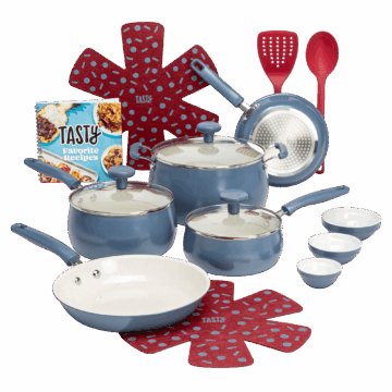 Tasty Clean Ceramic 16 Piece Non-Stick Aluminum Cookware Set, Slate Blue
