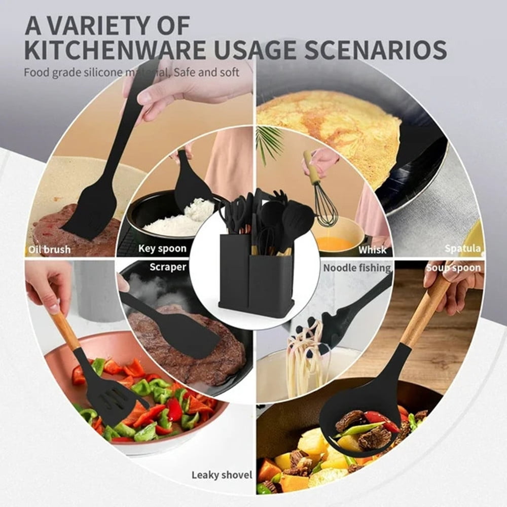TEAFIRST Silicone Kitchen Cooking Utensils Set, 19 Pieces Utensil with Holder, Heat Resistant, Black - Image 2
