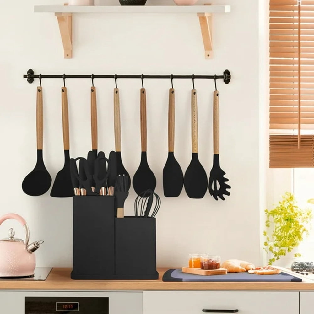 TEAFIRST Silicone Kitchen Cooking Utensils Set, 19 Pieces Utensil with Holder, Heat Resistant, Black - Image 5