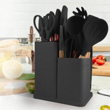 TEAFIRST Silicone Kitchen Cooking Utensils Set, 19 Pieces Utensil with Holder, Heat Resistant, Black