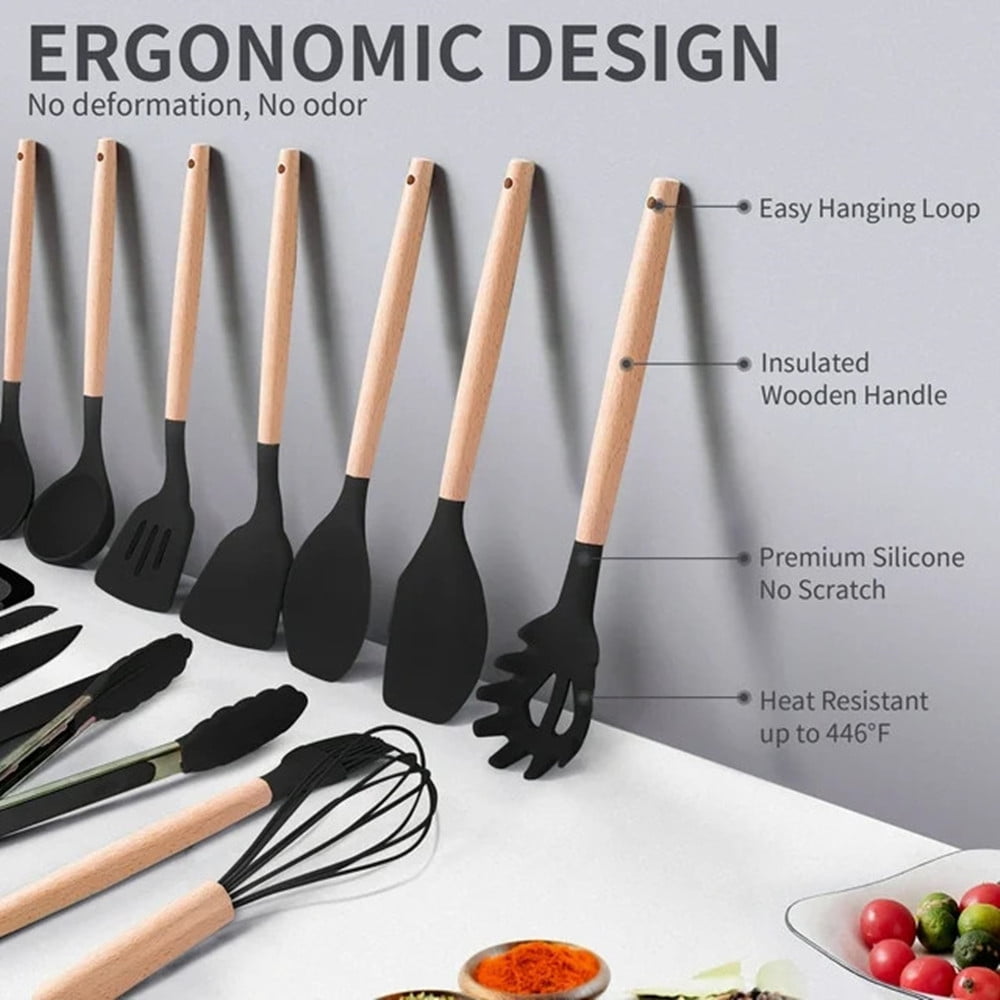 TEAFIRST Silicone Kitchen Cooking Utensils Set, 19 Pieces Utensil with Holder, Heat Resistant, Black - Image 4