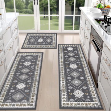 TECHVIDA Kitchen Rug Set 3 Piece,Non Slip Machine Washable Kitchen Mats, Farmhouse Hallway Doormat for Home Floor and Living Room,Gray