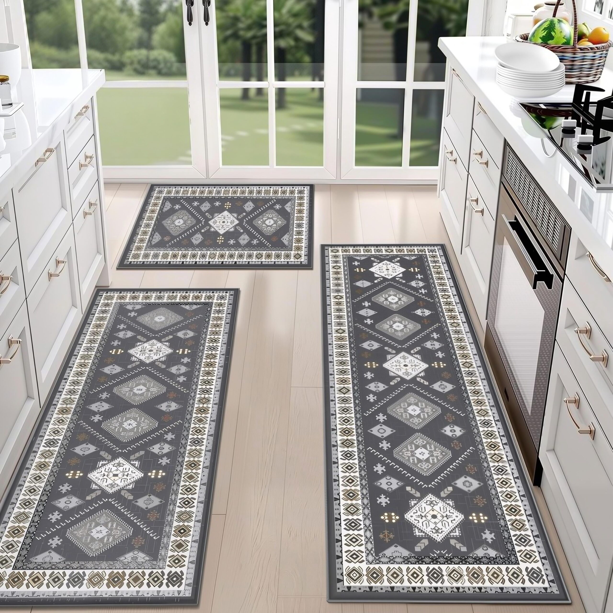 TECHVIDA Kitchen Rug Set 3 Piece,Non Slip Machine Washable Kitchen Mats, Farmhouse Hallway Doormat for Home Floor and Living Room,Gray