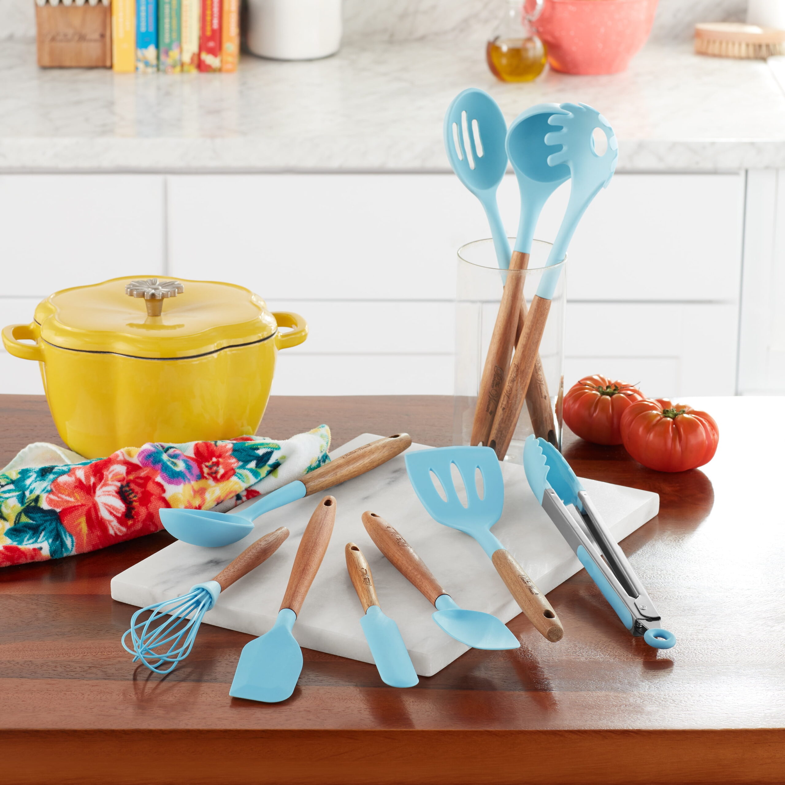 The Pioneer Woman 10-Piece Silicone and Acacia Wood Handle Cooking Utensils Set, Blue - Image 3