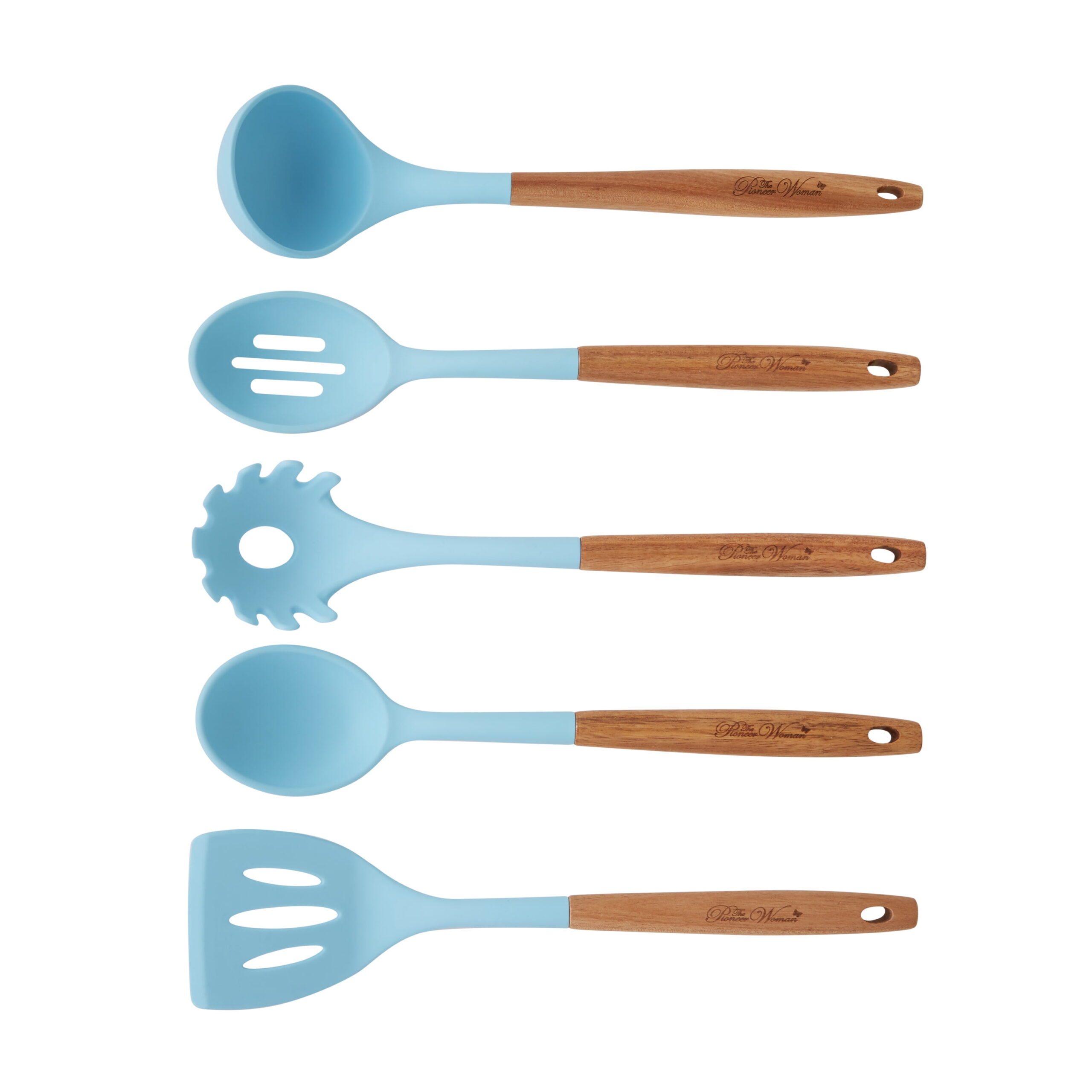 The Pioneer Woman 10-Piece Silicone and Acacia Wood Handle Cooking Utensils Set, Blue - Image 5