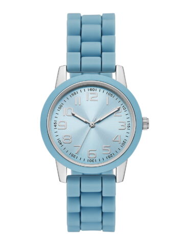 Time and Tru Ladies' Watch with Silver Round Case, Light Blue Bezel, Light Blue Sunray Dial and Light Blue Soft Silicone Strap (FMDOTT107)
