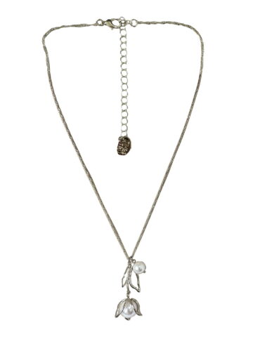 Time and Tru Silver Plated Tulip and Pearl Drop Necklace for Female Adults and Teens