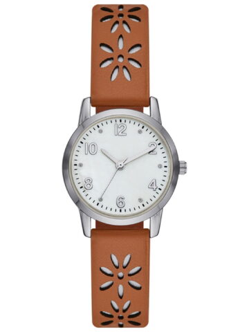 Time and Tru Women's Analog Watch: Silver Tone Round Case, Crystal Accent on Faux Mother of Pearl Dial, Brown Faux Leather Perforated Strap (FMDOTT054)