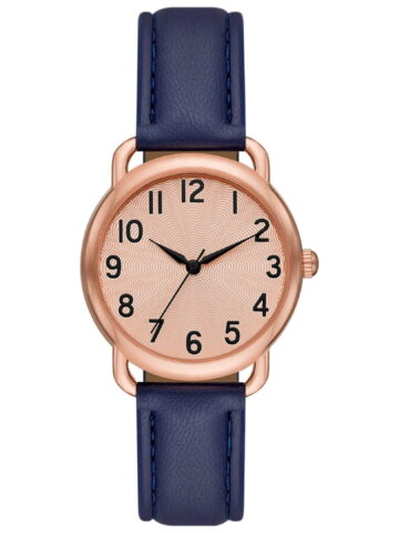 Time and Tru Women's Analog Wristwatch; Rose Gold Tone Round Case, Rose Gold Textured Easy Read Dial, Blue Faux Leather Band Watch (FMDOTT067)