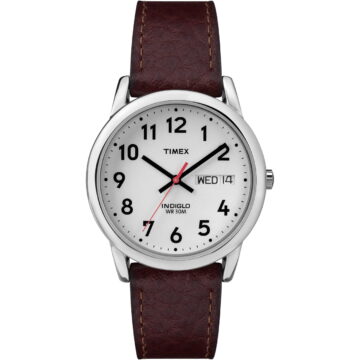 Timex Men's Easy Reader 35mm Day-Date Watch – Silver-Tone Case White Dial with Dark Brown Leather Strap