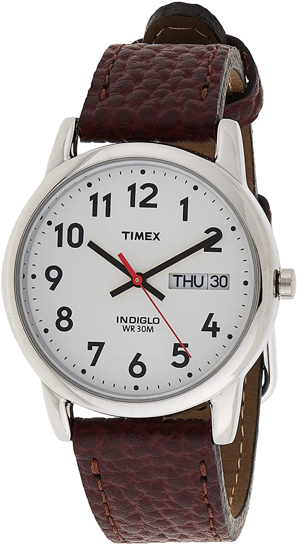Timex Men's Easy Reader 35mm Day-Date Watch – Silver-Tone Case White Dial with Dark Brown Leather Strap - Image 5