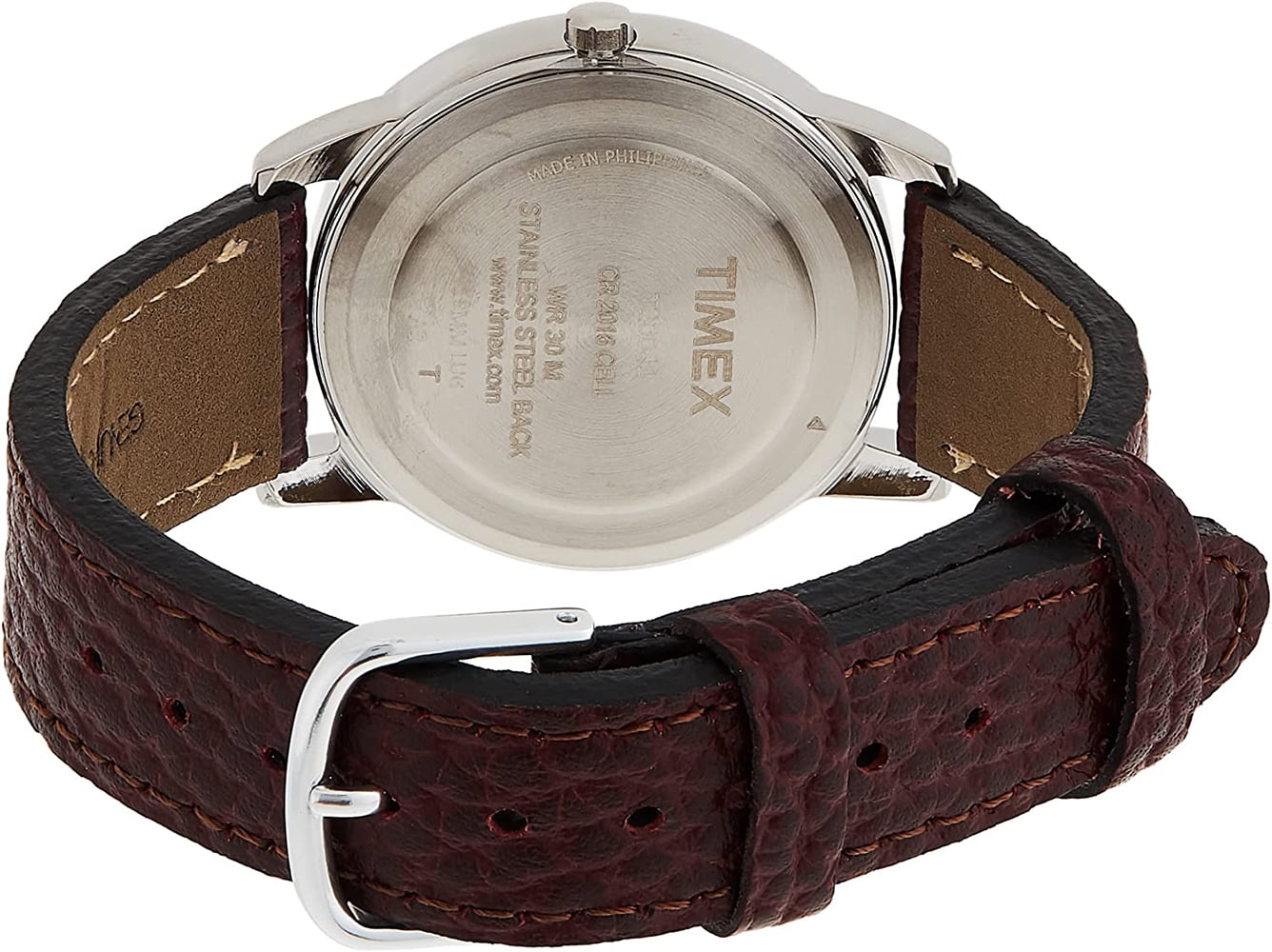 Timex Men's Easy Reader 35mm Day-Date Watch – Silver-Tone Case White Dial with Dark Brown Leather Strap - Image 4