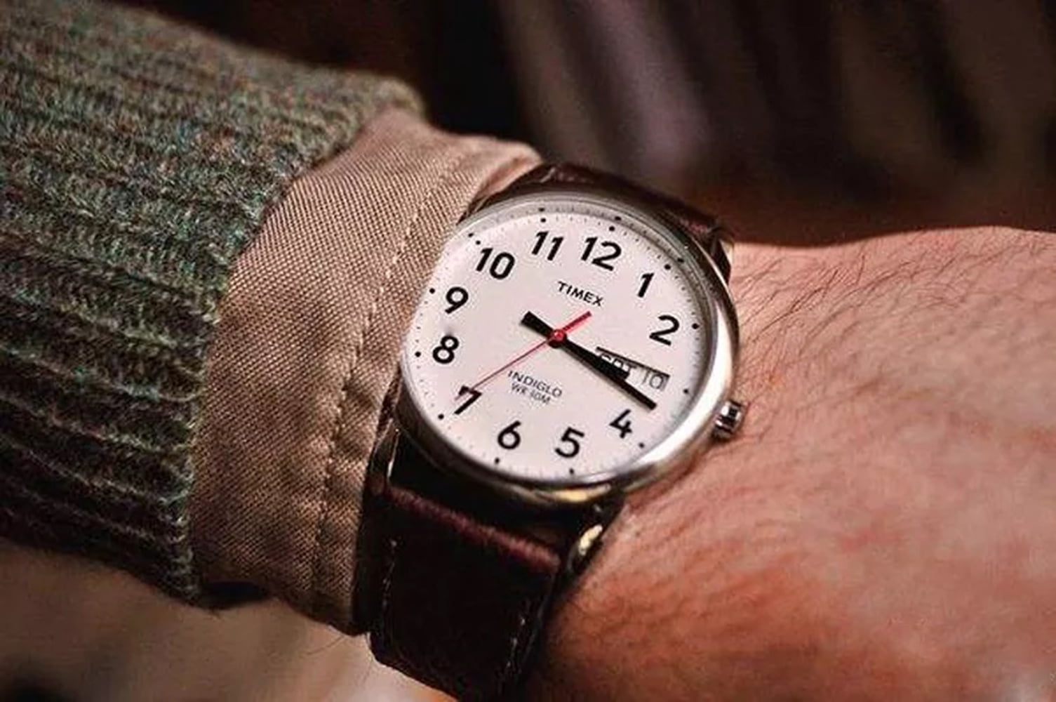 Timex Men's Easy Reader 35mm Day-Date Watch – Silver-Tone Case White Dial with Dark Brown Leather Strap - Image 2