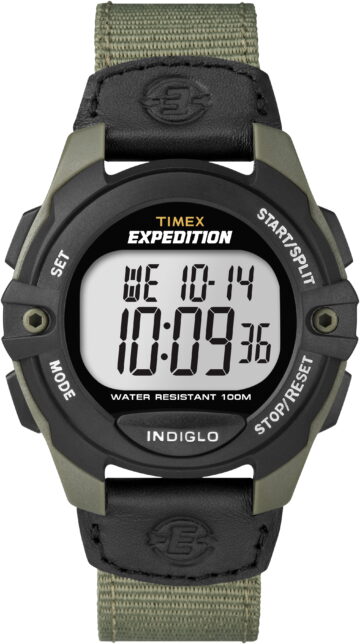 Timex Men's Expedition Digital CAT 41mm Watch – Green & Black Case with Black Fabric & Leather Strap