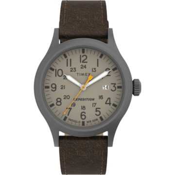 Timex Men's Expedition Scout 40mm Watch – Gunmetal Case Khaki Dial with Dark Brown Leather Strap