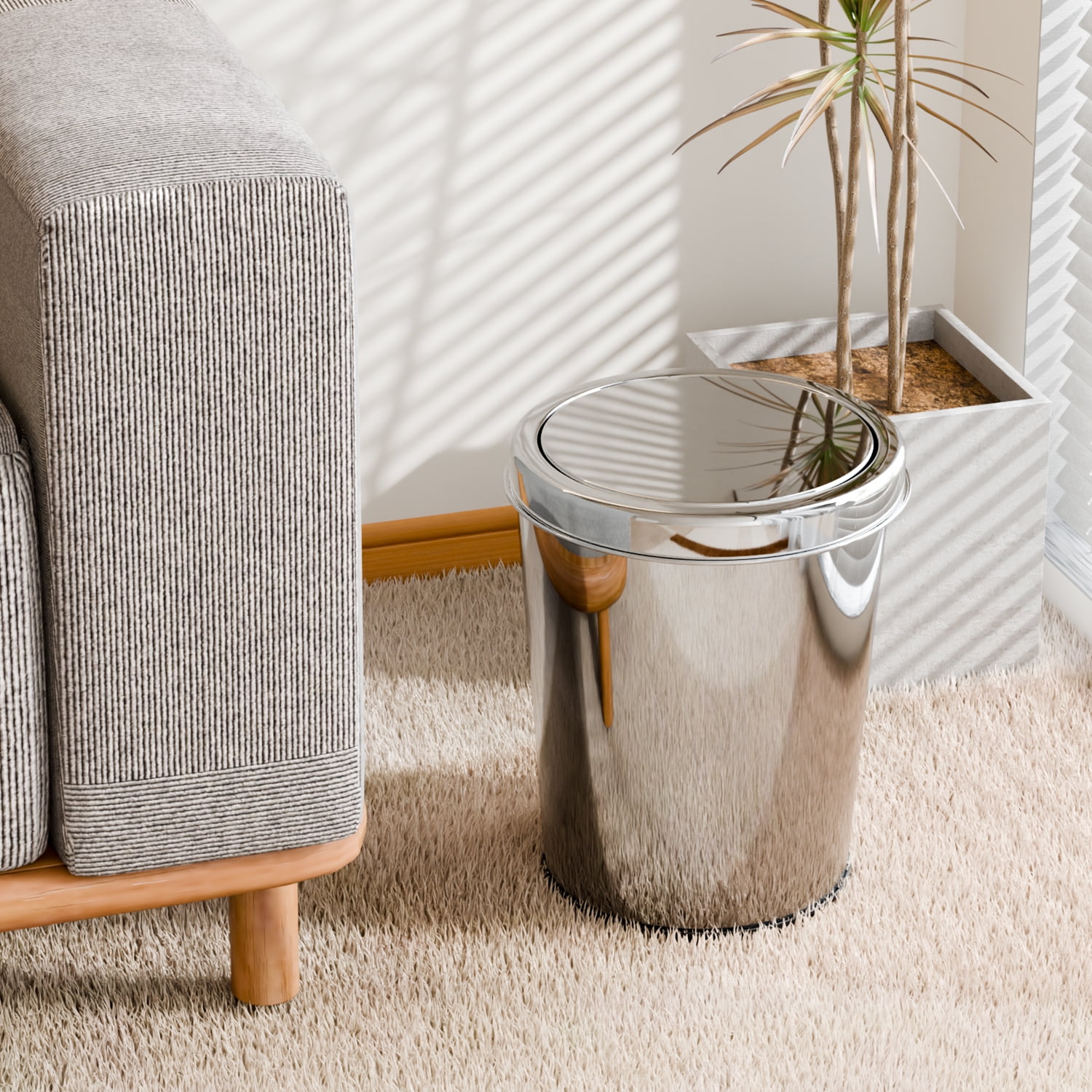 TINANA Small Trash Can with Swing Lid, 1.7 Gallons/6.5 Liters, 2 Pack Stainless Steel Wastebasket with Lid, Cylindrical Garbage Can for Bathroom, Kitchen, and Office, Silver - Image 4