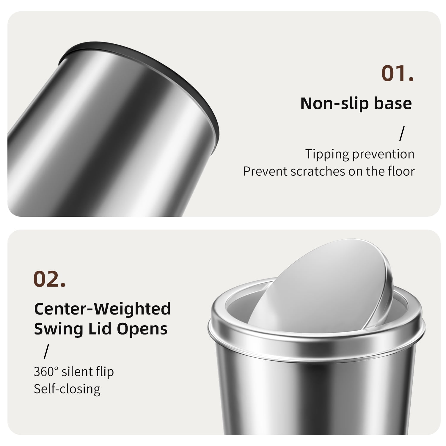 TINANA Small Trash Can with Swing Lid, 1.7 Gallons/6.5 Liters, 2 Pack Stainless Steel Wastebasket with Lid, Cylindrical Garbage Can for Bathroom, Kitchen, and Office, Silver - Image 3
