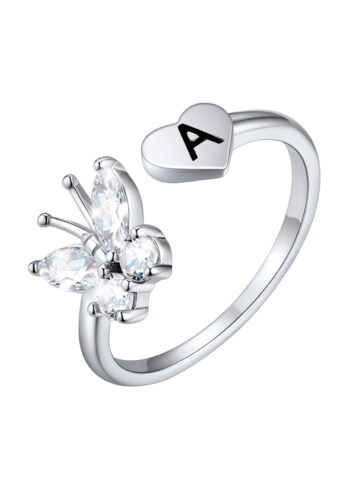 U7 Butterfly Sterling Silver Rings for Women Adjustable Open Band Initial Ring Heart Letter A Birthday Christmas Mothers Day Jewelry Gift for Mom Wife Daughter
