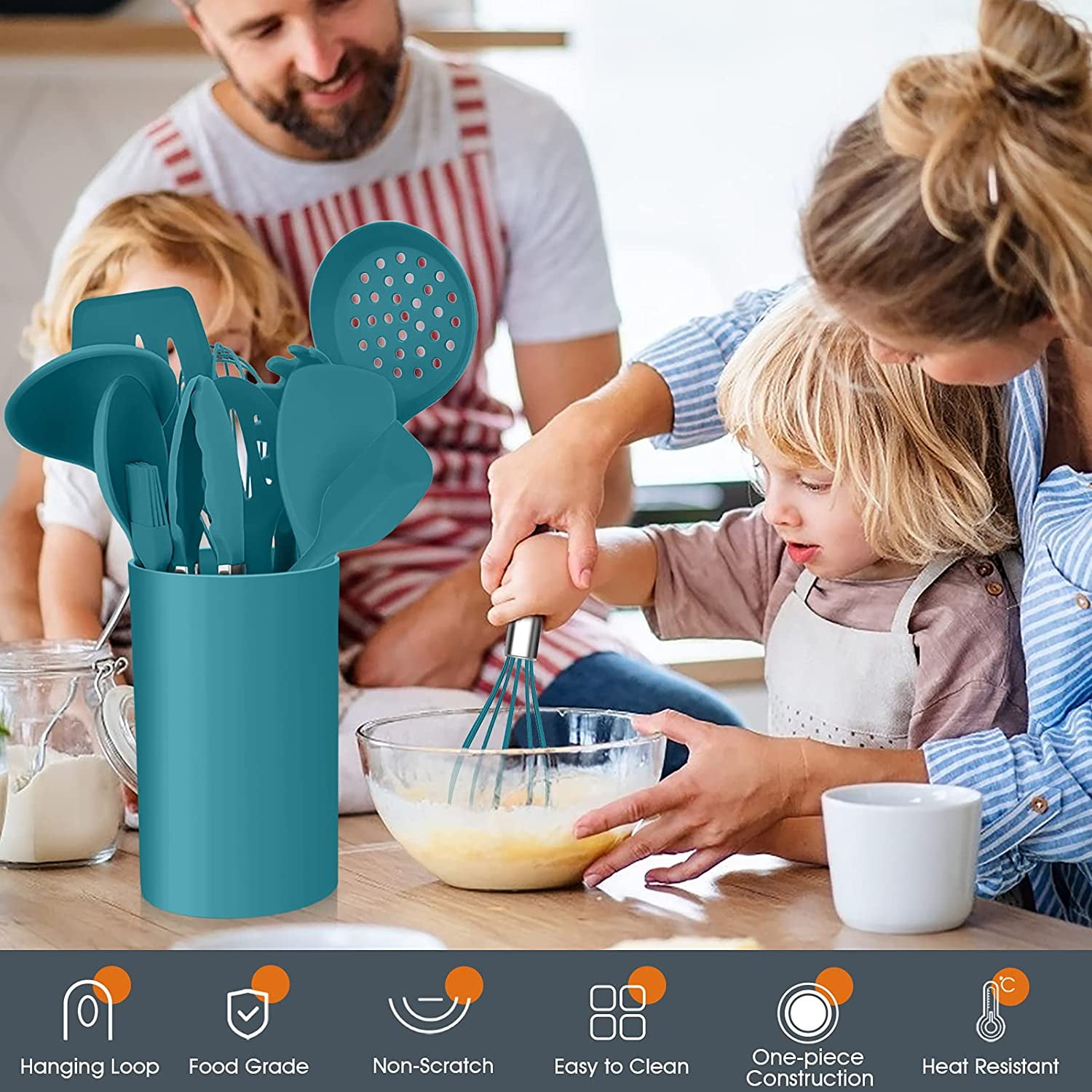 Vesteel 15-Piece Kitchen Utensils Set, Silicone Cooking Utensils with Holder, Non-stick Cookware Friendly & Heat Resistant - Teal Blue - Image 5