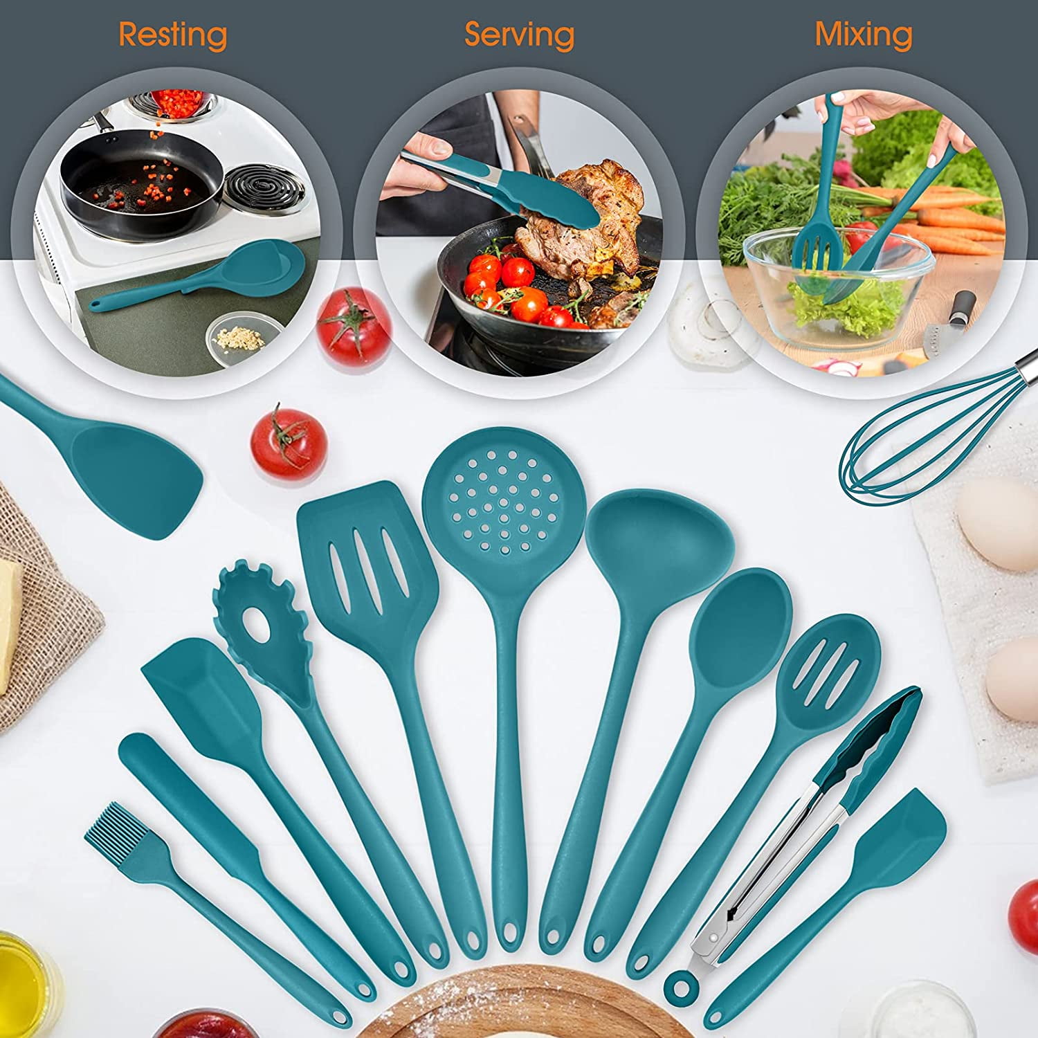 Vesteel 15-Piece Kitchen Utensils Set, Silicone Cooking Utensils with Holder, Non-stick Cookware Friendly & Heat Resistant - Teal Blue - Image 2