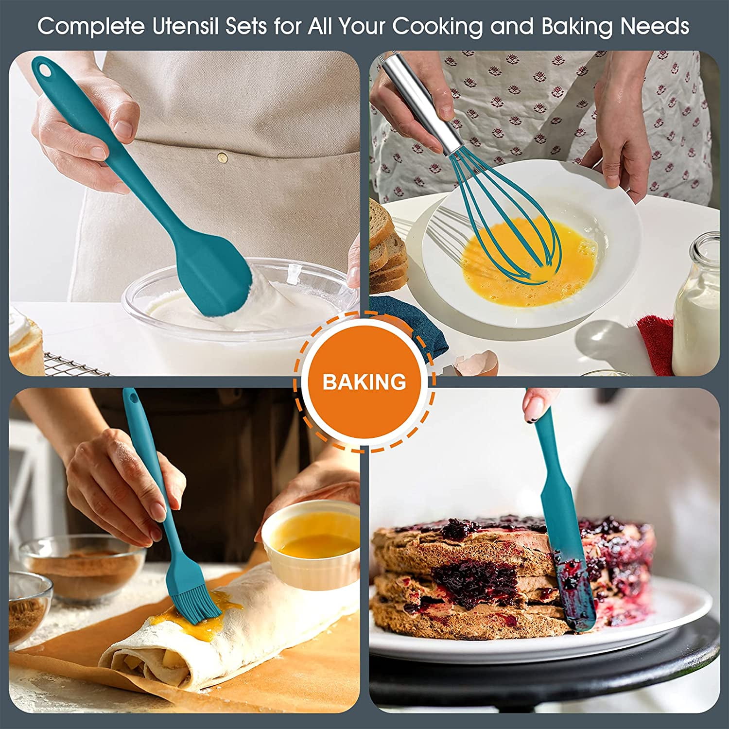 Vesteel 15-Piece Kitchen Utensils Set, Silicone Cooking Utensils with Holder, Non-stick Cookware Friendly & Heat Resistant - Teal Blue - Image 3