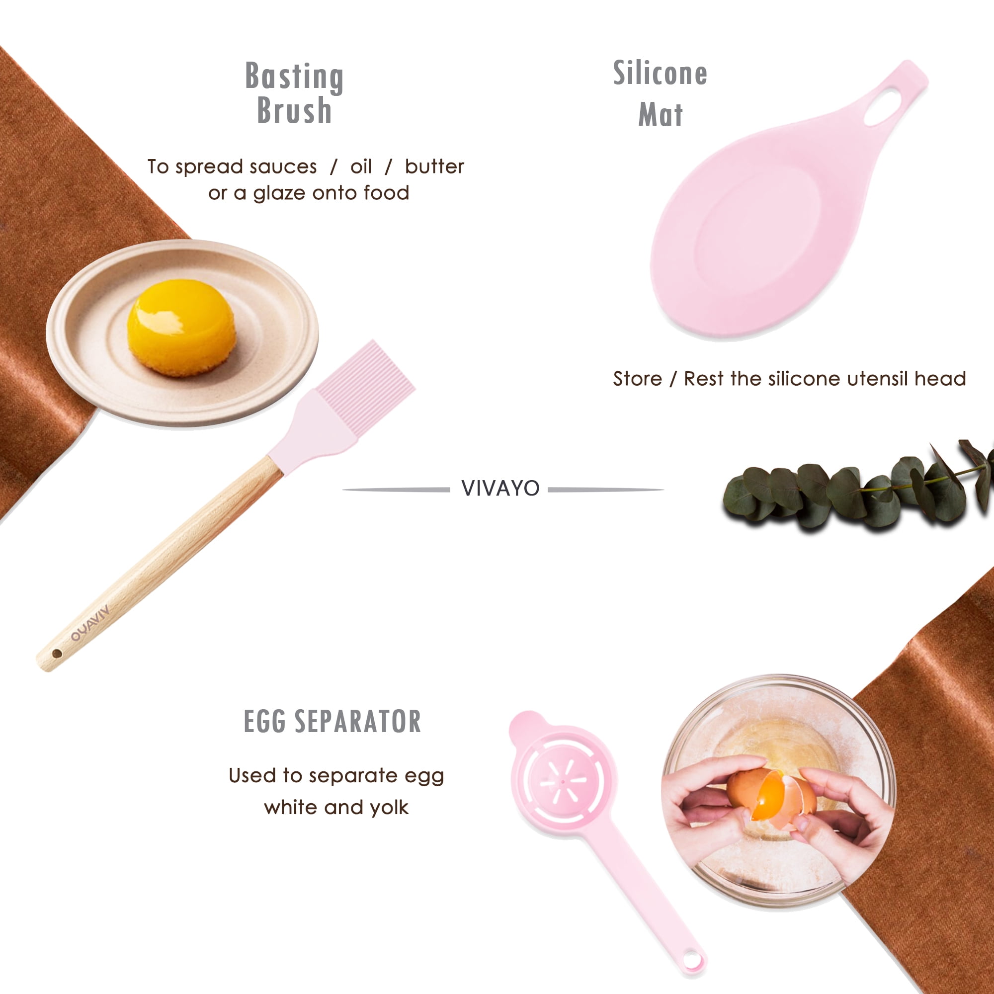 VIVAYO Kitchen Utensils Set, 32 Pcs Non-Stick Silicone Cooking Utensil Spatula Set with Holder, Wooden Handle Heat Resistance Silicon Kitchen Set with Ladle Whisk, Tongs, Measuring Cups, Spoons, Pink - Image 3