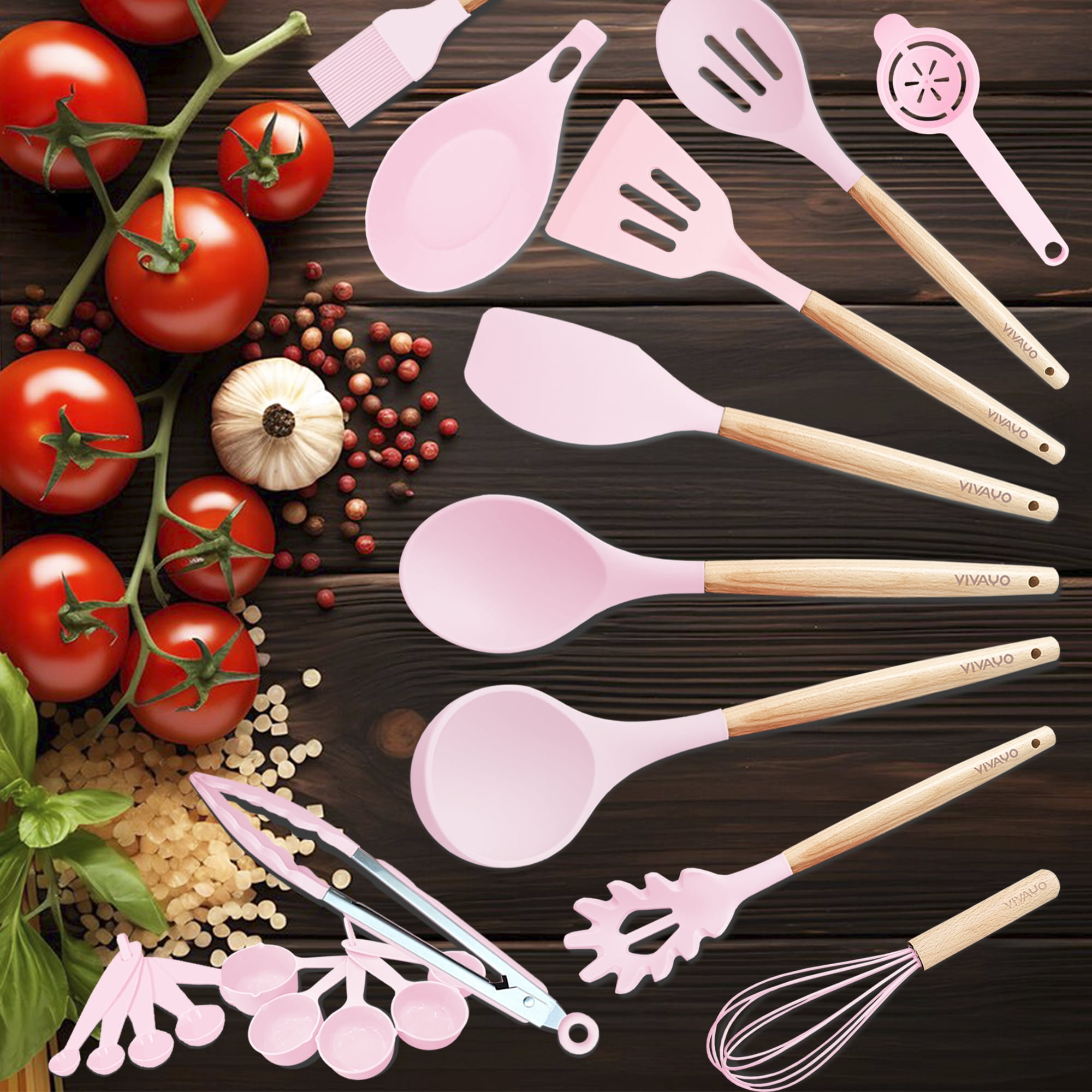 VIVAYO Kitchen Utensils Set, 32 Pcs Non-Stick Silicone Cooking Utensil Spatula Set with Holder, Wooden Handle Heat Resistance Silicon Kitchen Set with Ladle Whisk, Tongs, Measuring Cups, Spoons, Pink - Image 5