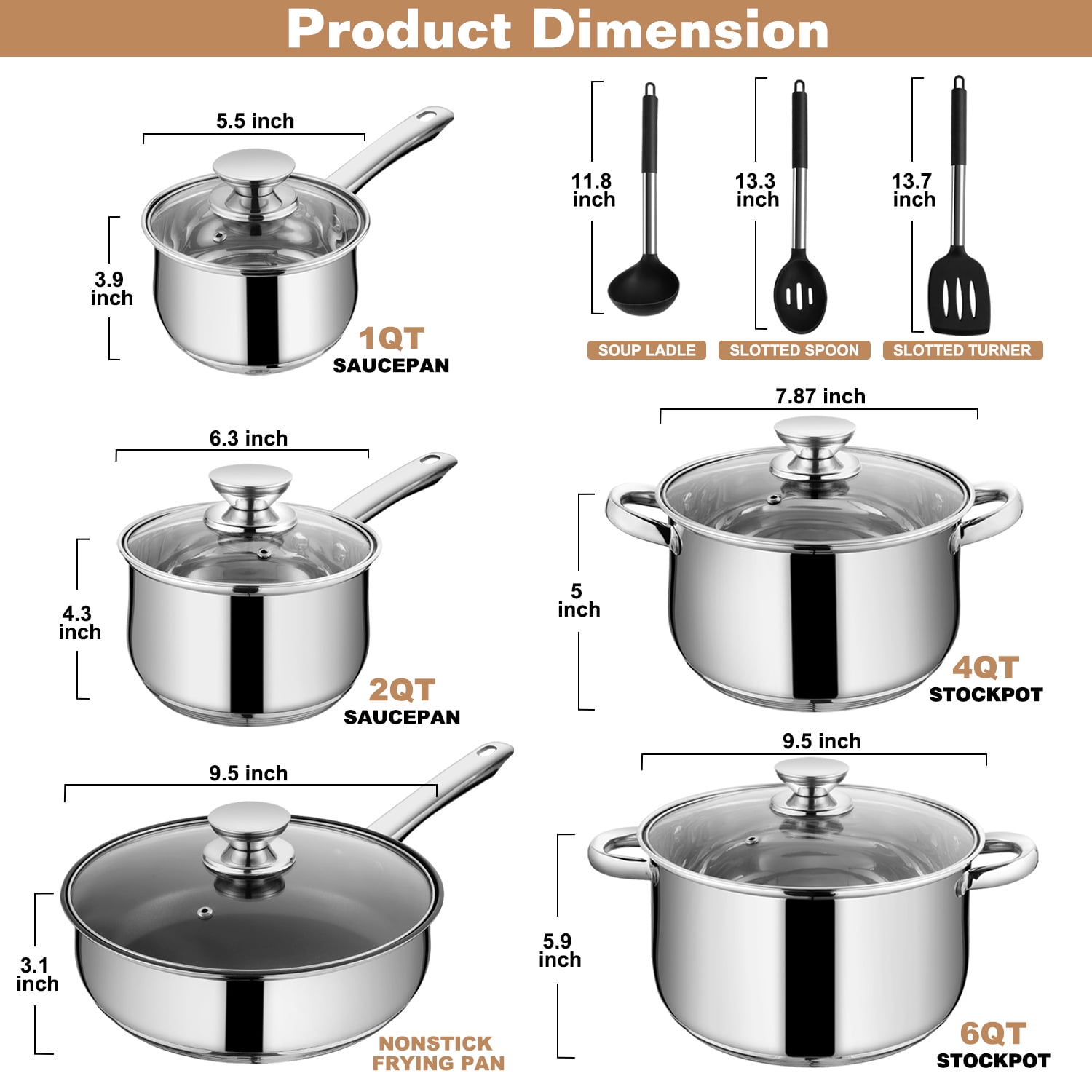 Walchoice 13-Piece Stainless Steel Cookware Set, Kitchen Pots and Pans Set with Glass Lid for Cooking, Induction & Dishwasher Safe, Silver - Image 2
