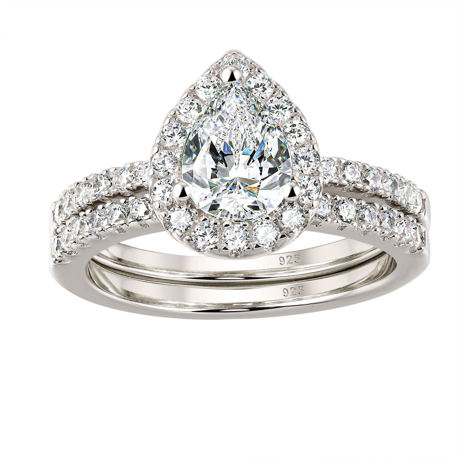 Wuziwen 3Ct Pear Cut Wedding Ring Set for Women Halo 925 Sterling Silver Cubic Zirconia Size 7