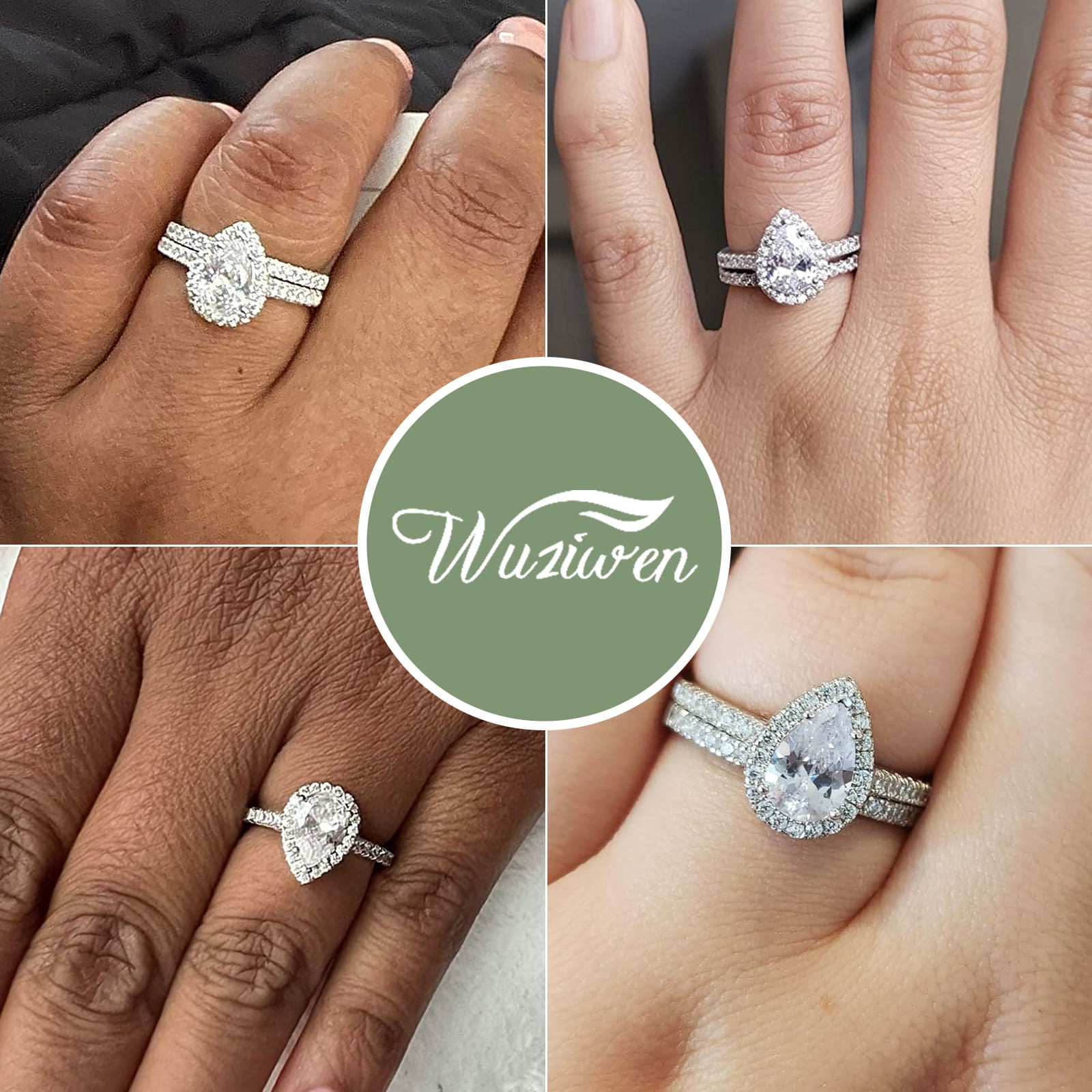 Wuziwen 3Ct Pear Cut Wedding Ring Set for Women Halo 925 Sterling Silver Cubic Zirconia Size 7 - Image 3