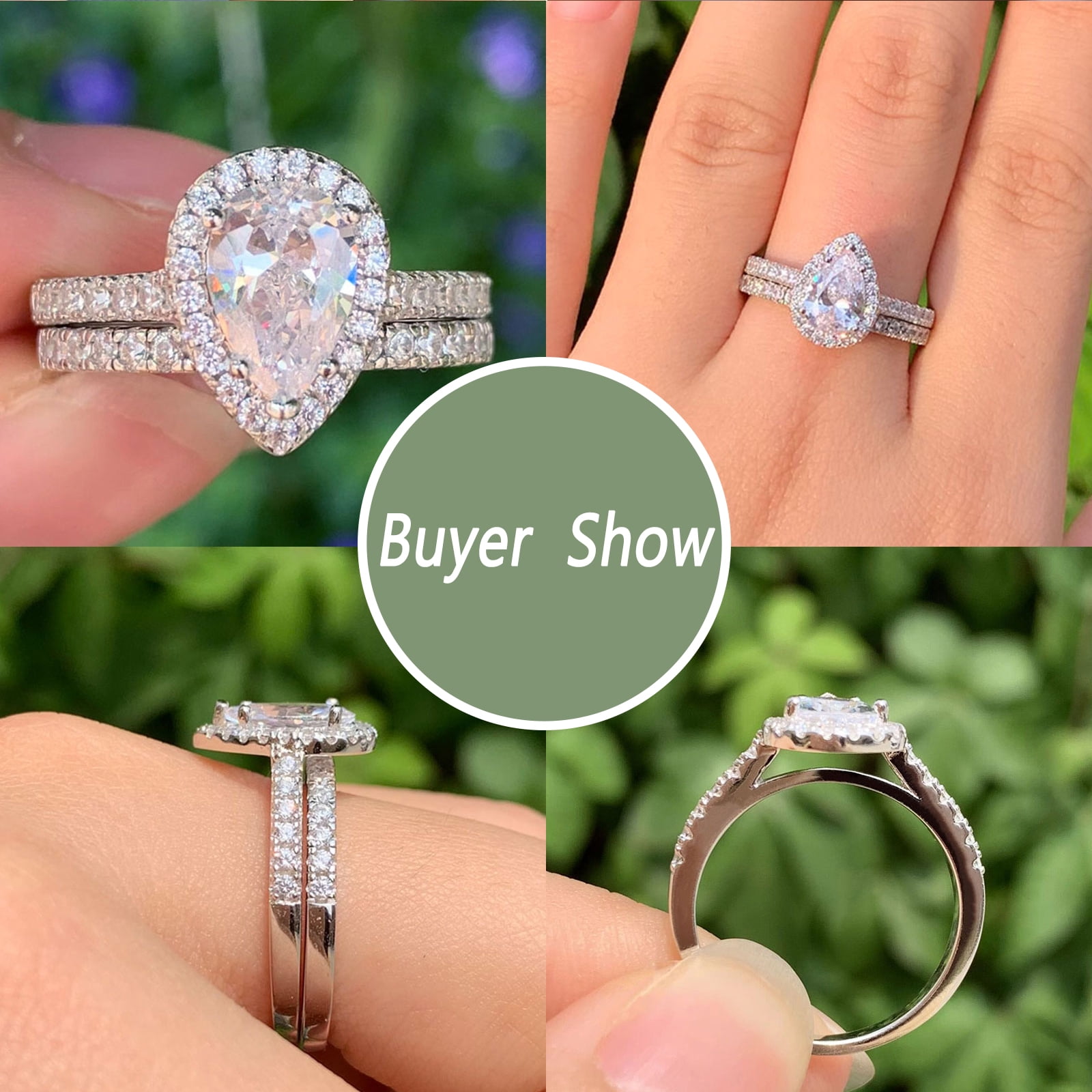 Wuziwen 3Ct Pear Cut Wedding Ring Set for Women Halo 925 Sterling Silver Cubic Zirconia Size 7 - Image 2