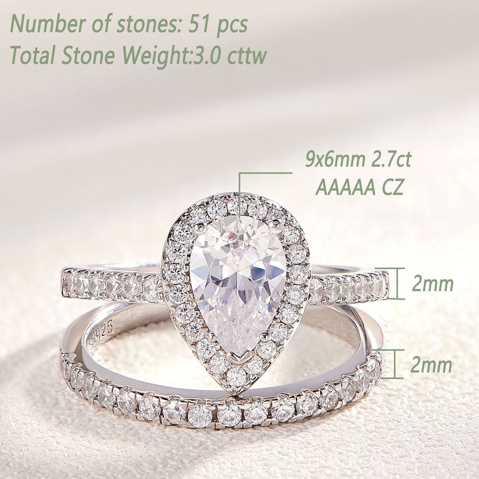 Wuziwen 3Ct Pear Cut Wedding Ring Set for Women Halo 925 Sterling Silver Cubic Zirconia Size 7 - Image 4